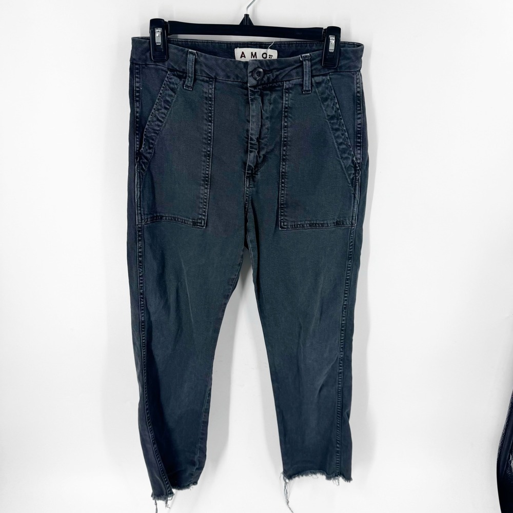 AMO Denim Utility Cargo Pants Faded Black Raw Hem Size 27 Made in USA